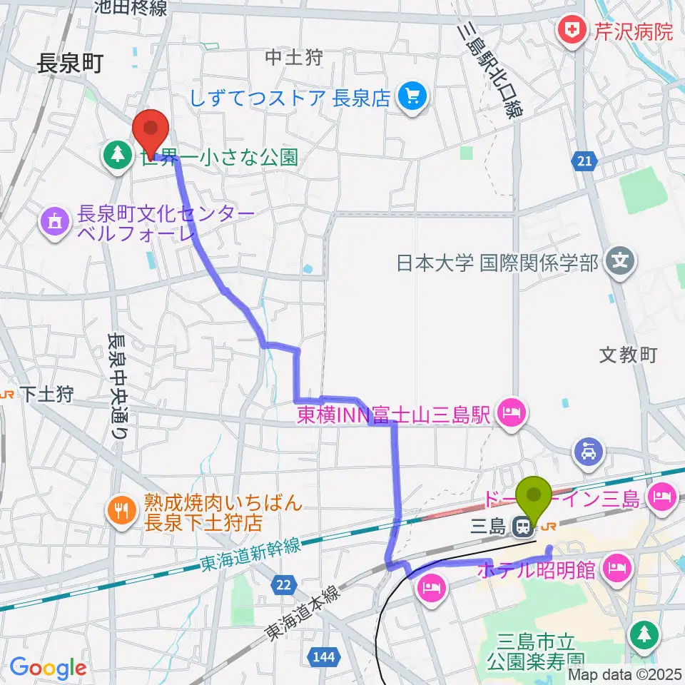 三島駅からreprise安井ピアノ教室へのルートマップ地図