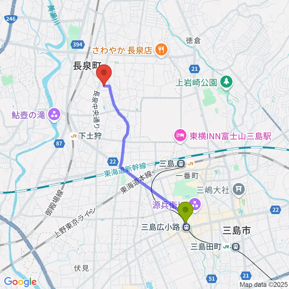 三島広小路駅からreprise安井ピアノ教室へのルートマップ地図