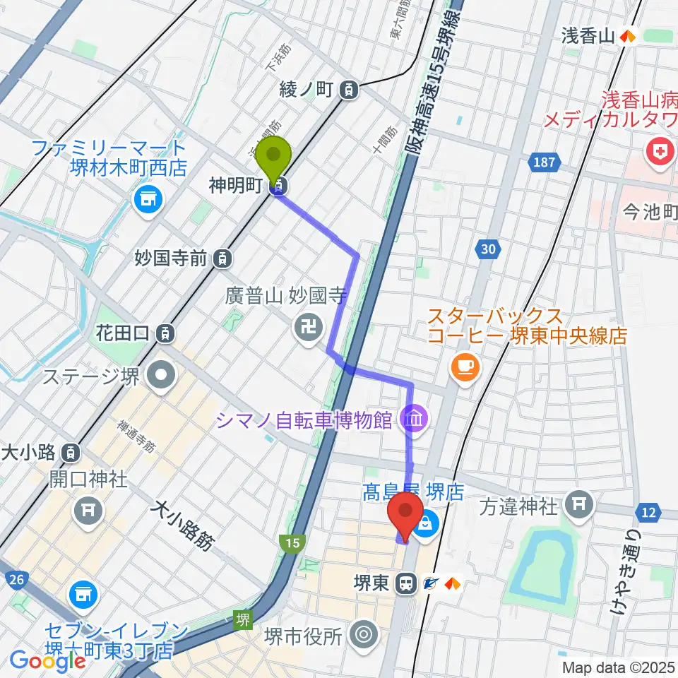 神明町駅からヤマハミュージック 堺店へのルートマップ地図
