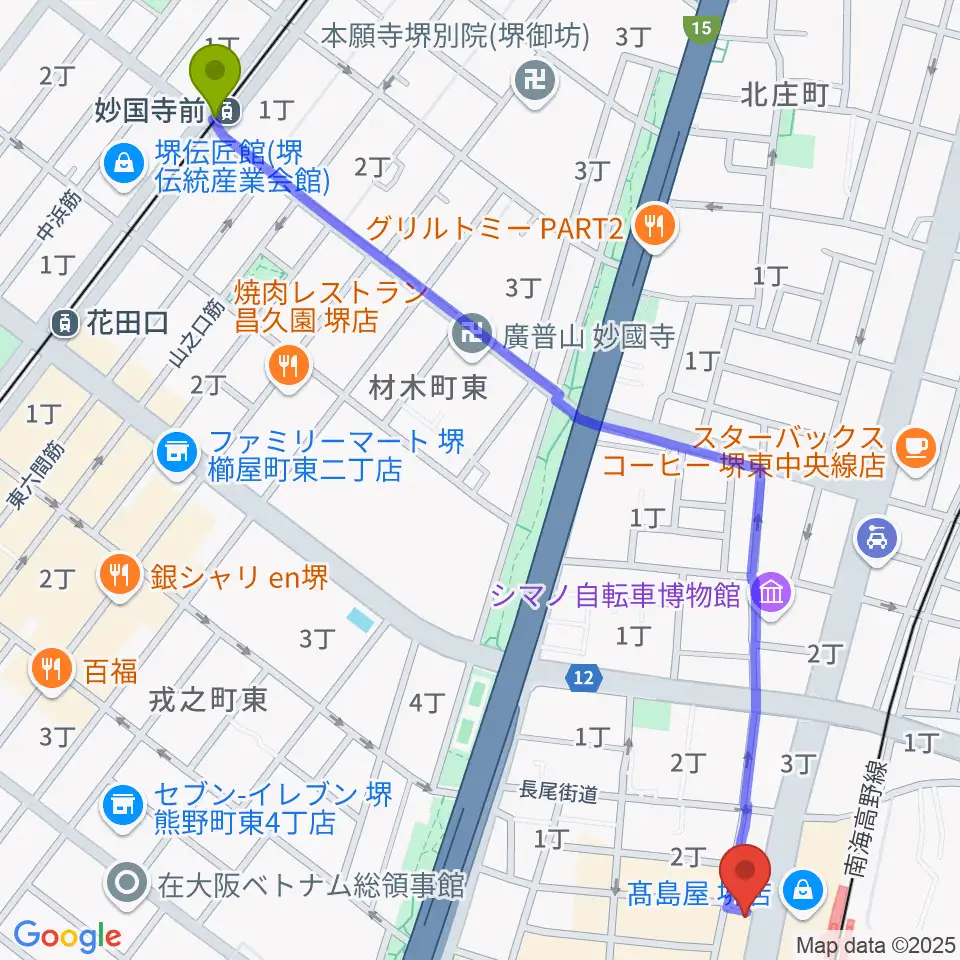 妙国寺前駅からヤマハミュージック 堺店へのルートマップ地図
