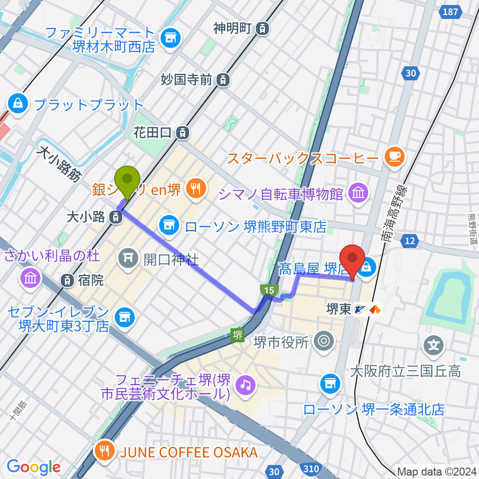 大小路駅からヤマハミュージック 堺店へのルートマップ地図