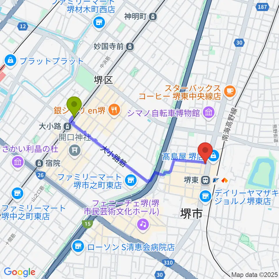 大小路駅からヤマハミュージック 堺店へのルートマップ地図
