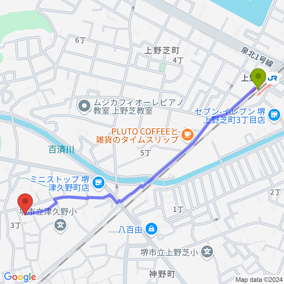 上野芝駅からぼたんピアノ教室へのルートマップ地図