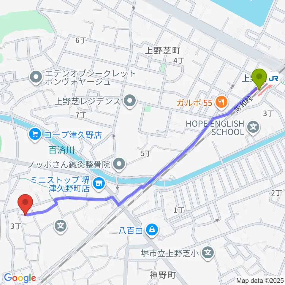 上野芝駅からぼたんピアノ教室へのルートマップ地図