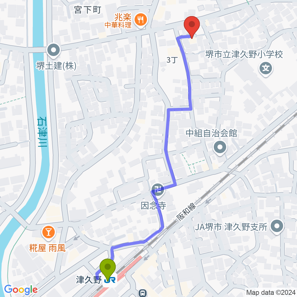 ぼたんピアノ教室の最寄駅津久野駅からの徒歩ルート（約7分）地図