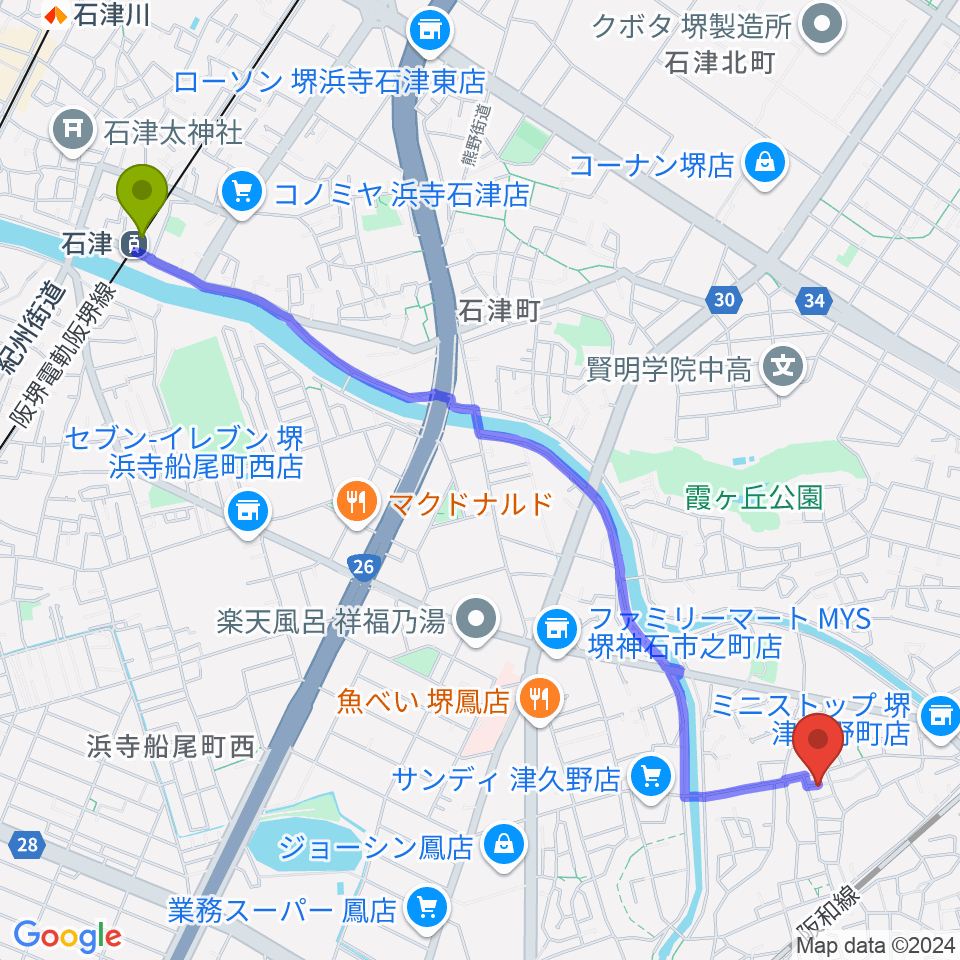 石津駅からぼたんピアノ教室へのルートマップ地図