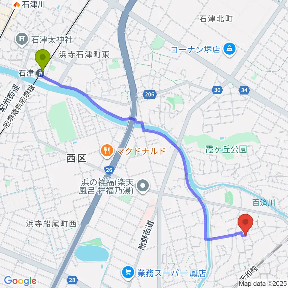 石津駅からぼたんピアノ教室へのルートマップ地図