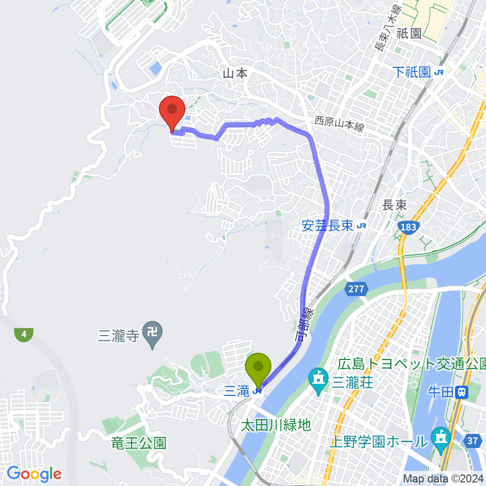 三滝駅からかまだピアノ教室へのルートマップ地図