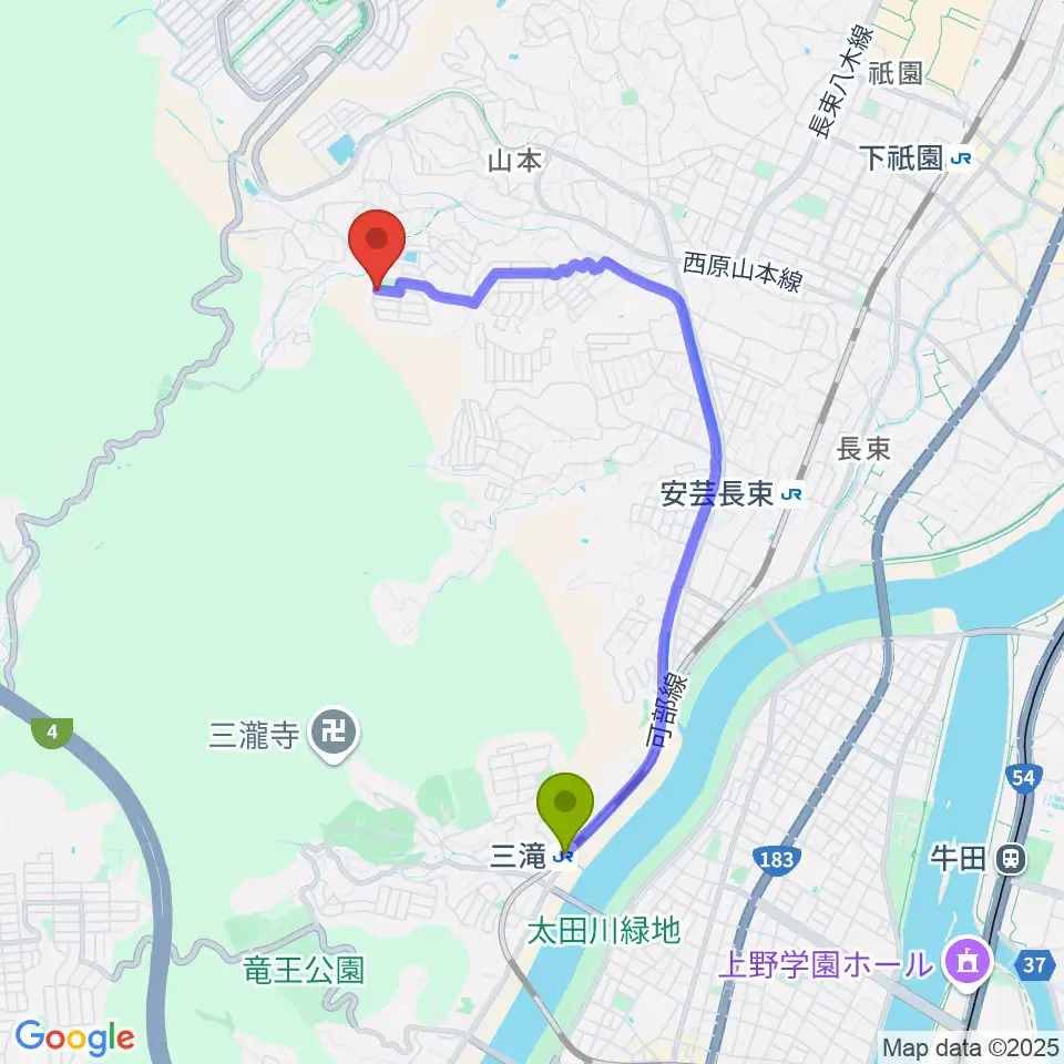 三滝駅からかまだピアノ教室へのルートマップ地図