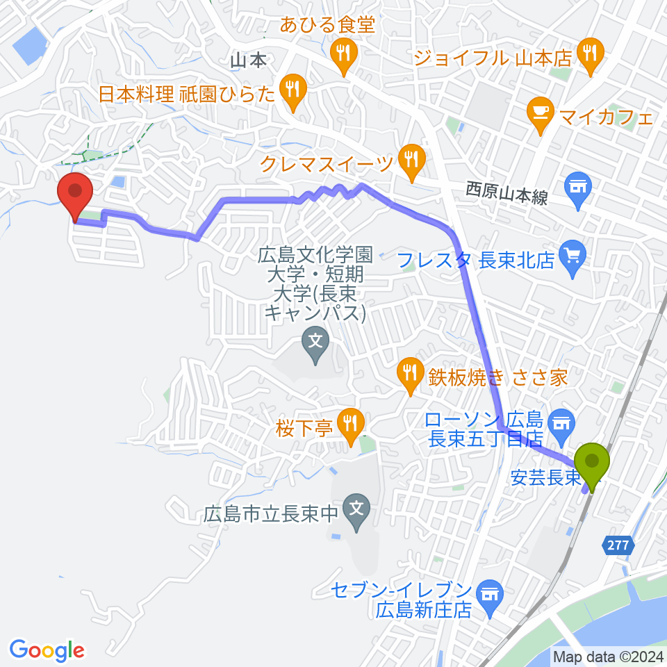 かまだピアノ教室の最寄駅安芸長束駅からの徒歩ルート（約28分）地図