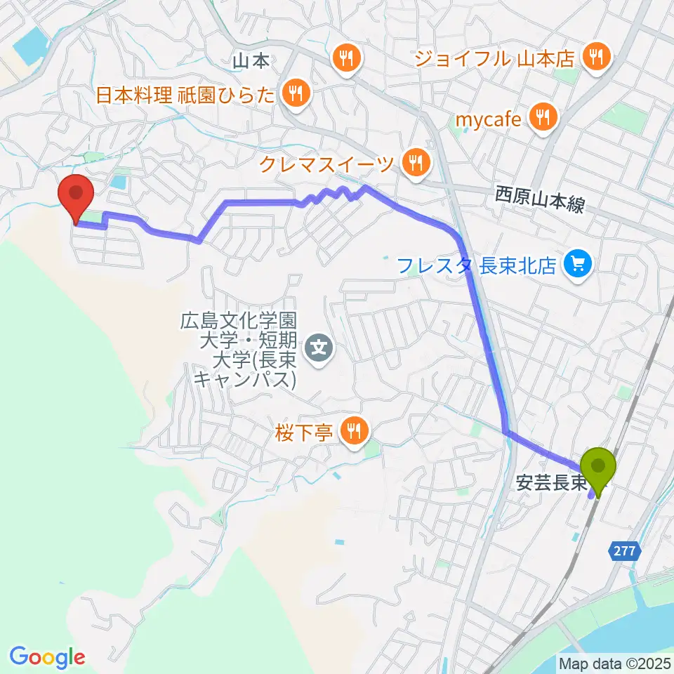 かまだピアノ教室の最寄駅安芸長束駅からの徒歩ルート（約28分）地図