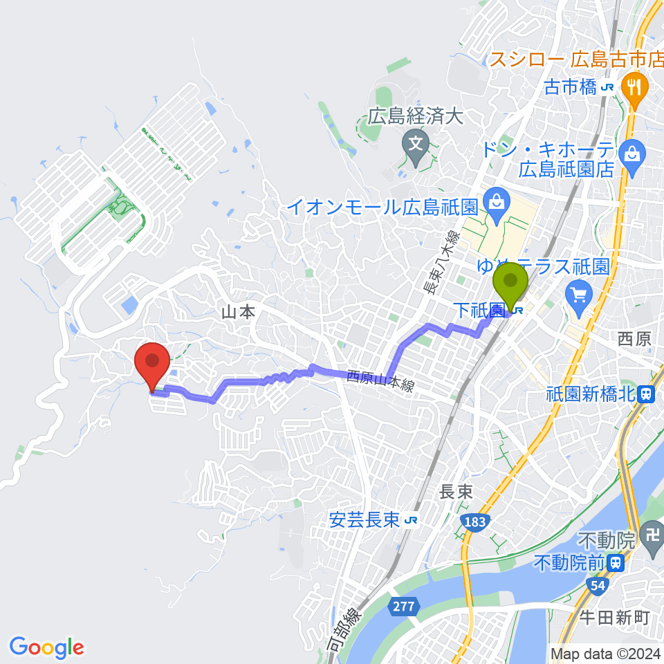下祇園駅からかまだピアノ教室へのルートマップ地図