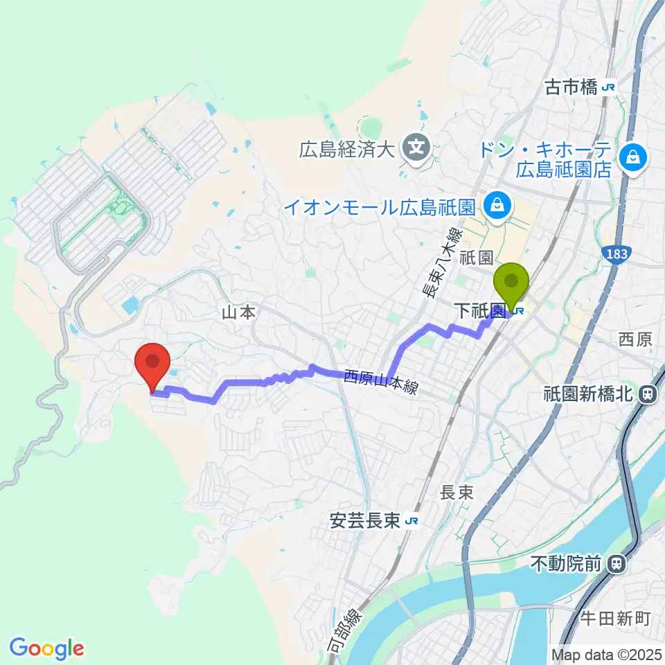 下祇園駅からかまだピアノ教室へのルートマップ地図