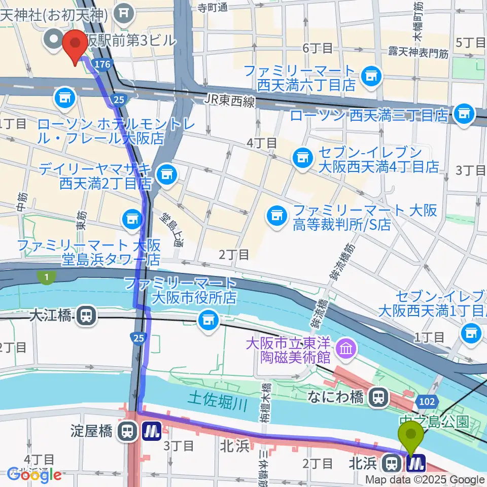 北浜駅からカワイ梅田へのルートマップ地図
