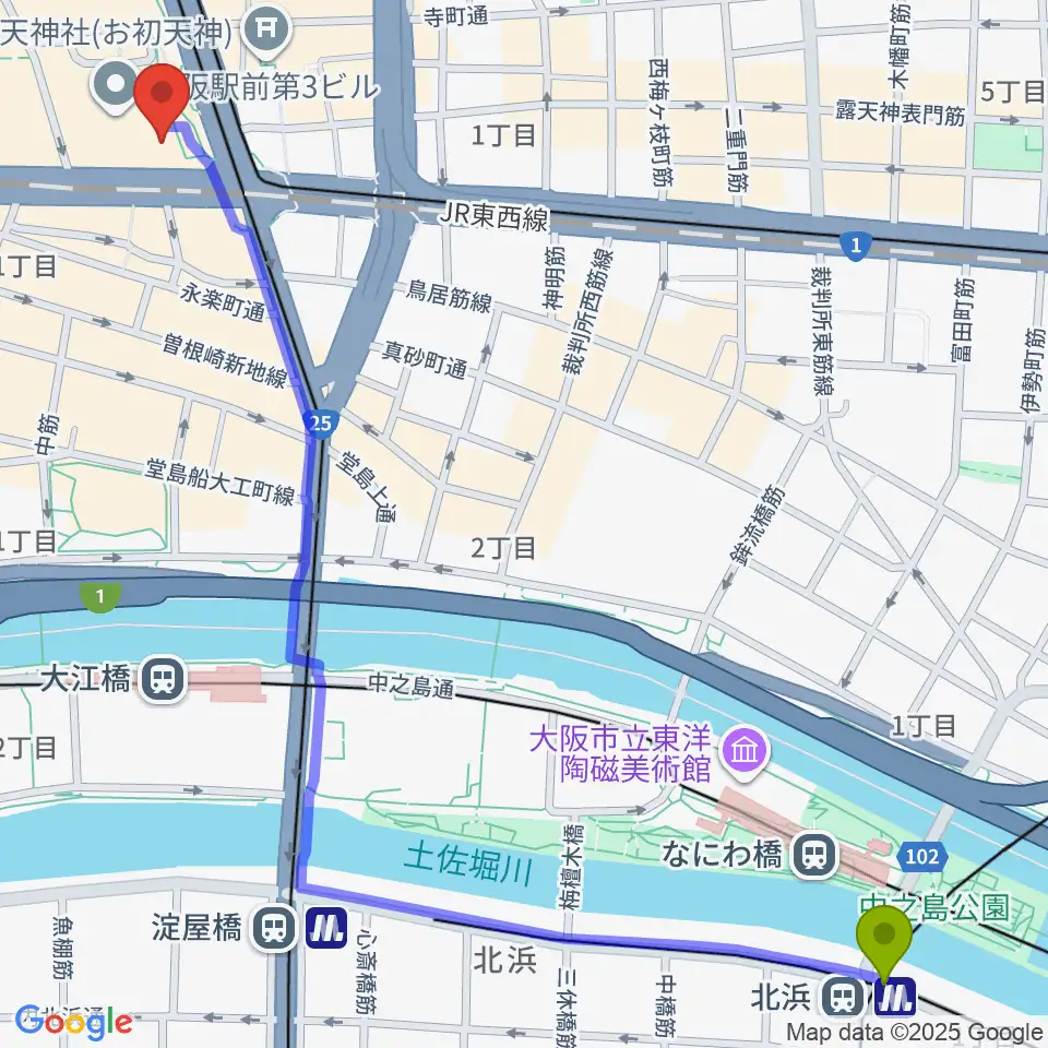 北浜駅からカワイ梅田へのルートマップ地図