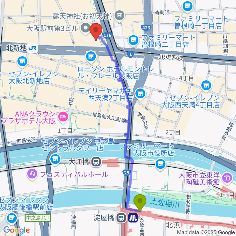 淀屋橋駅からカワイ梅田へのルートマップ地図