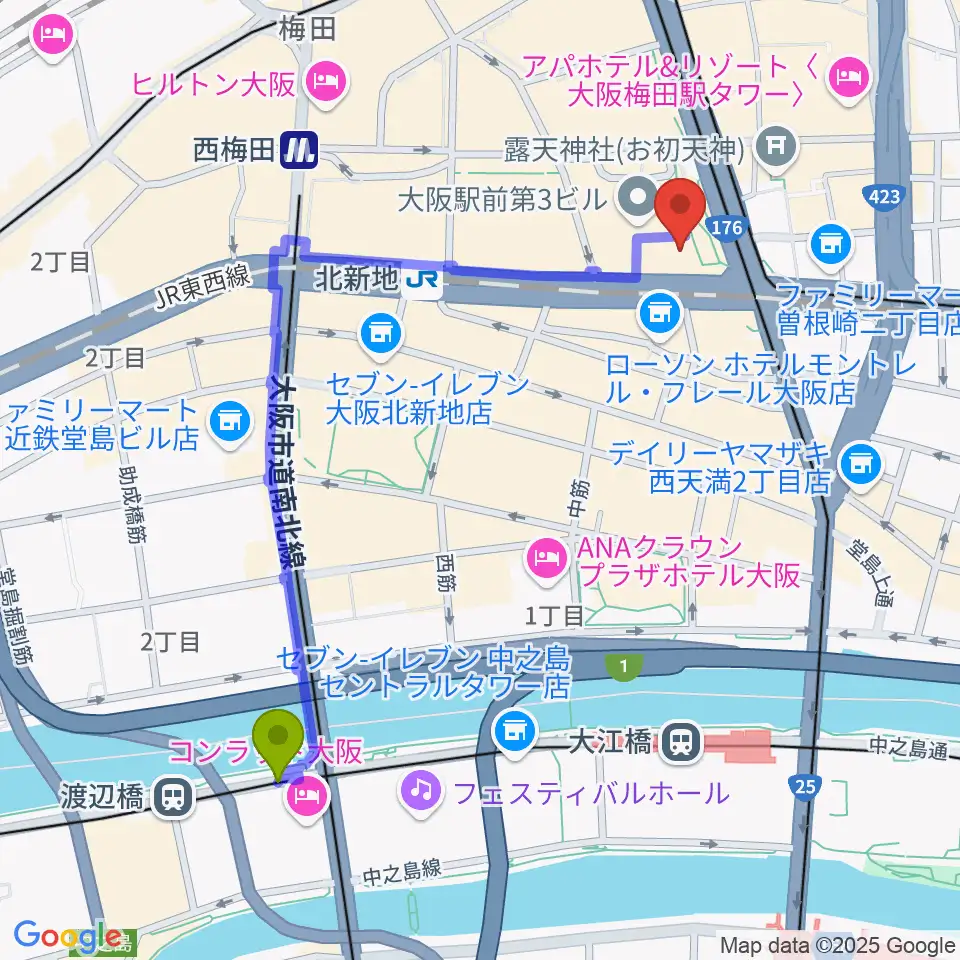 渡辺橋駅からカワイ梅田へのルートマップ地図