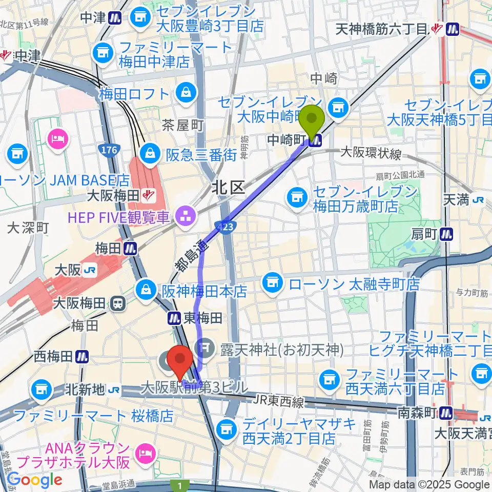 中崎町駅からカワイ梅田へのルートマップ地図