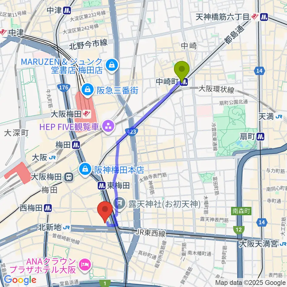 中崎町駅からカワイ梅田へのルートマップ地図