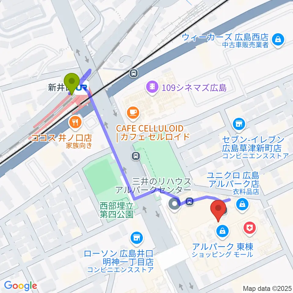 アルパークセンター ヤマハミュージックの最寄駅新井口駅からの徒歩ルート（約5分）地図