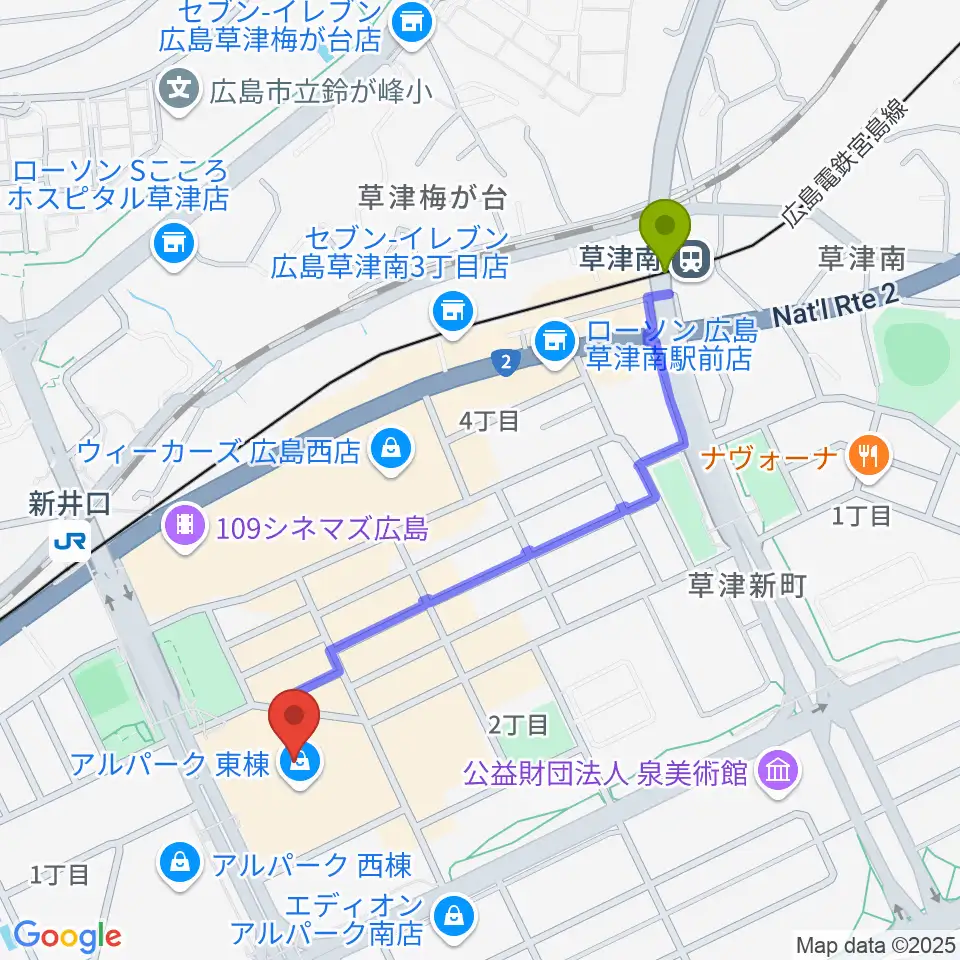 草津南駅からアルパークセンター ヤマハミュージックへのルートマップ地図