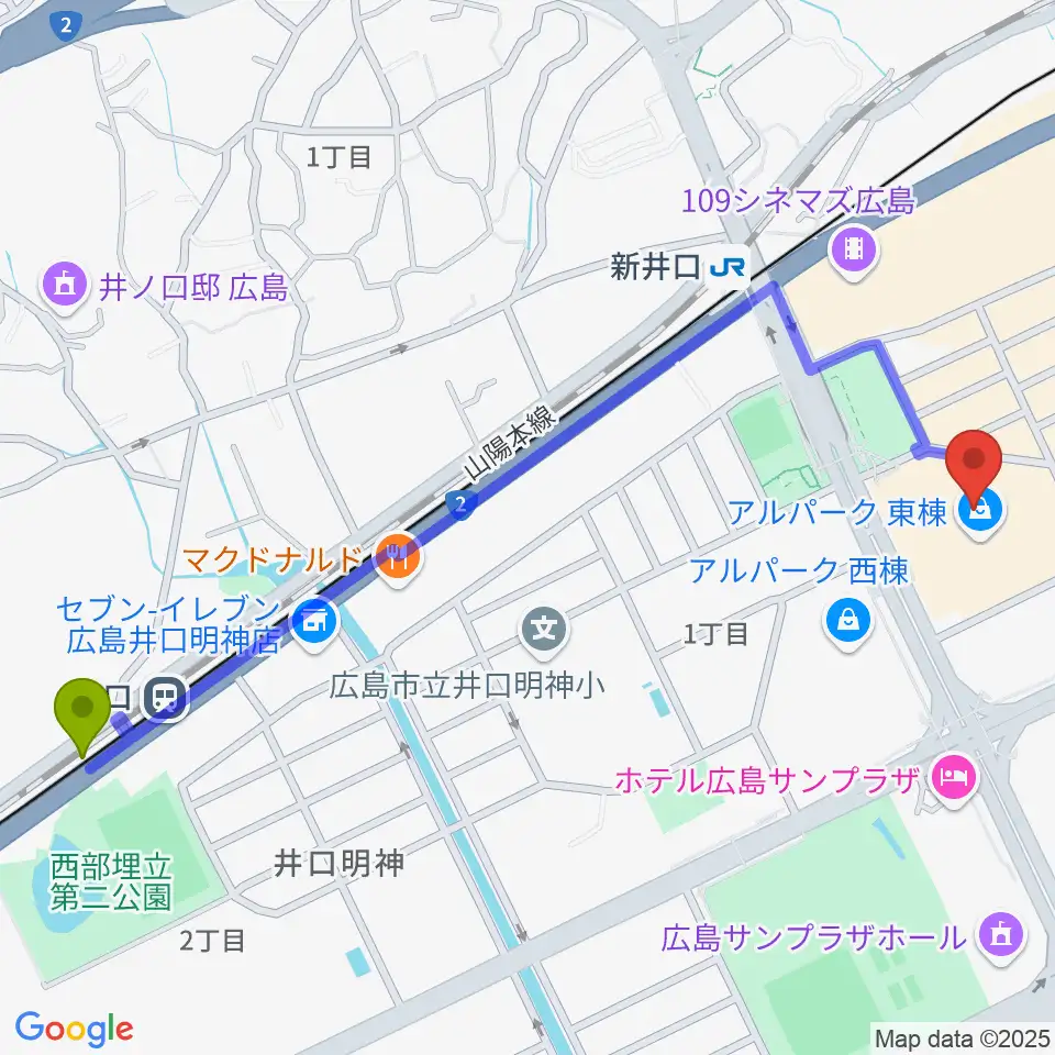 井口駅からアルパークセンター ヤマハミュージックへのルートマップ地図