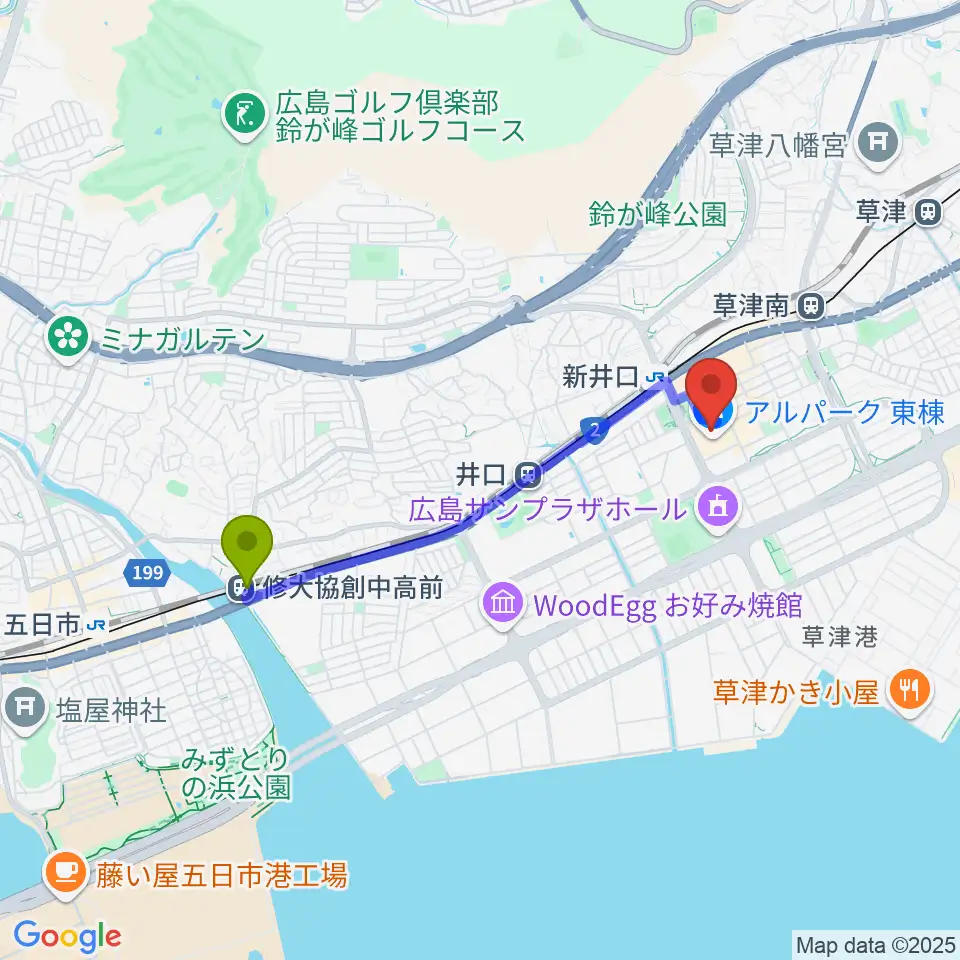 修大協創中高前駅からアルパークセンター ヤマハミュージックへのルートマップ地図
