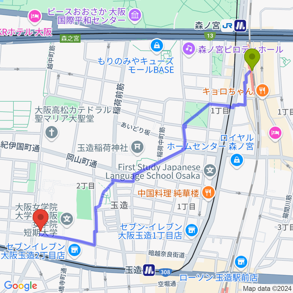 森ノ宮駅からパックスアーレン株式会社へのルートマップ地図