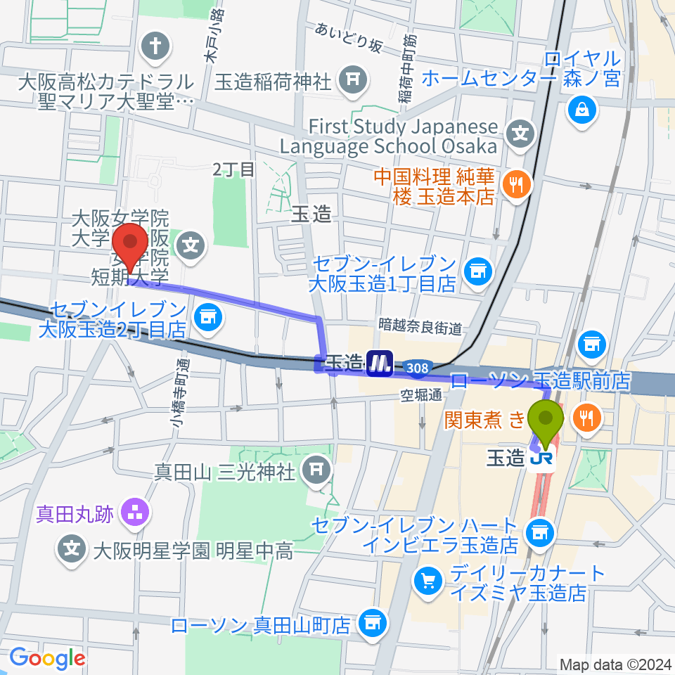 パックスアーレン株式会社の最寄駅玉造駅からの徒歩ルート（約11分）地図