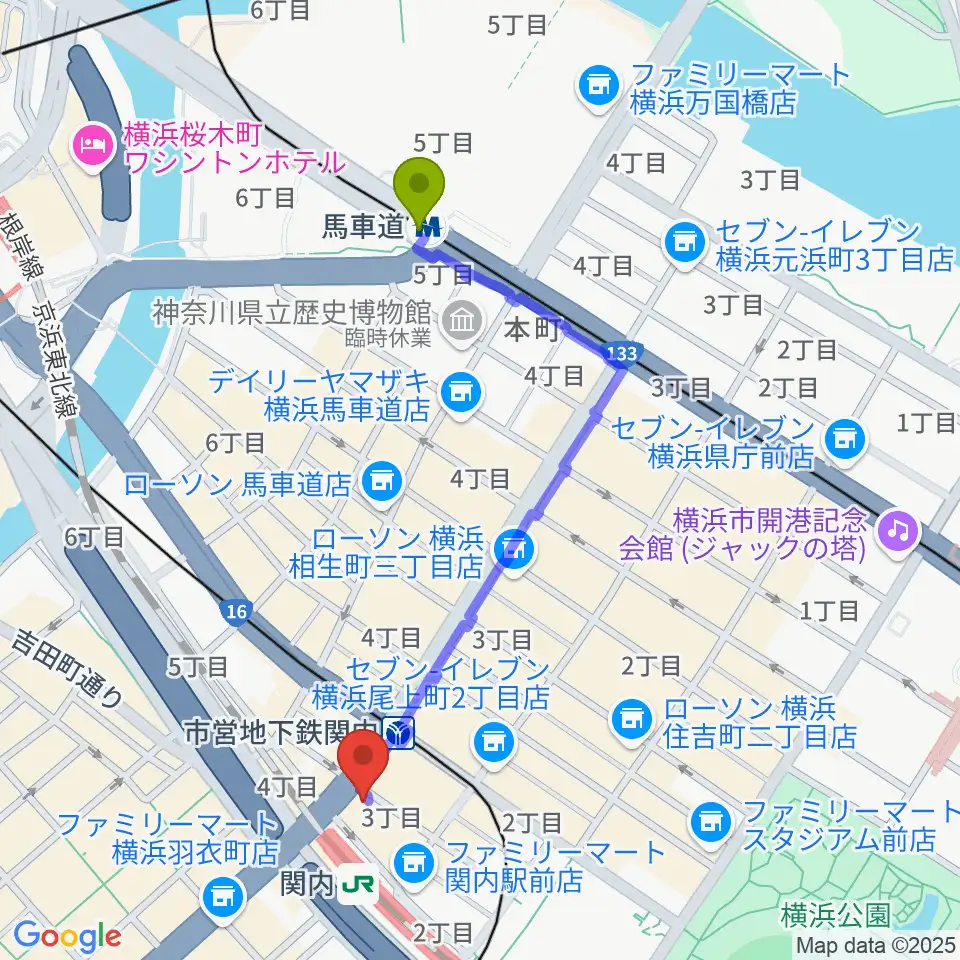 馬車道駅から香恵ピアノ財団 ピアノ教室へのルートマップ地図