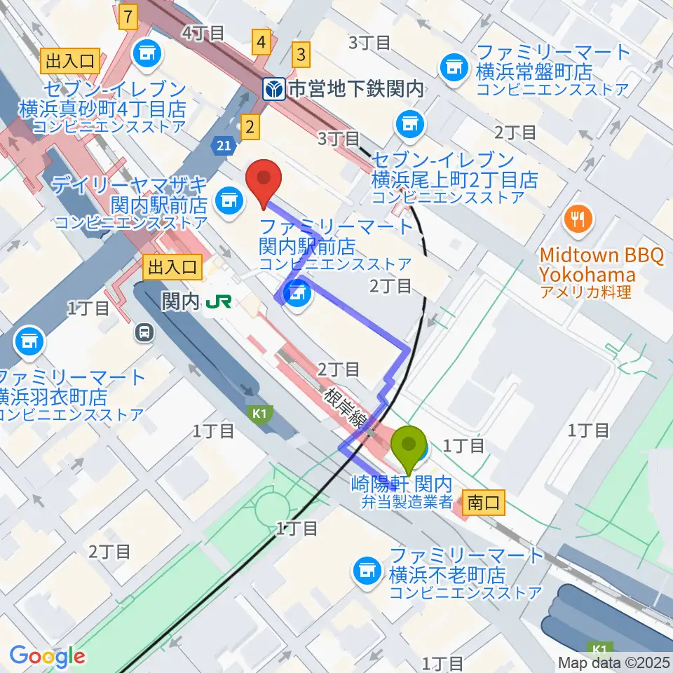 関内ヤンキースの最寄駅関内駅からの徒歩ルート（約4分）地図