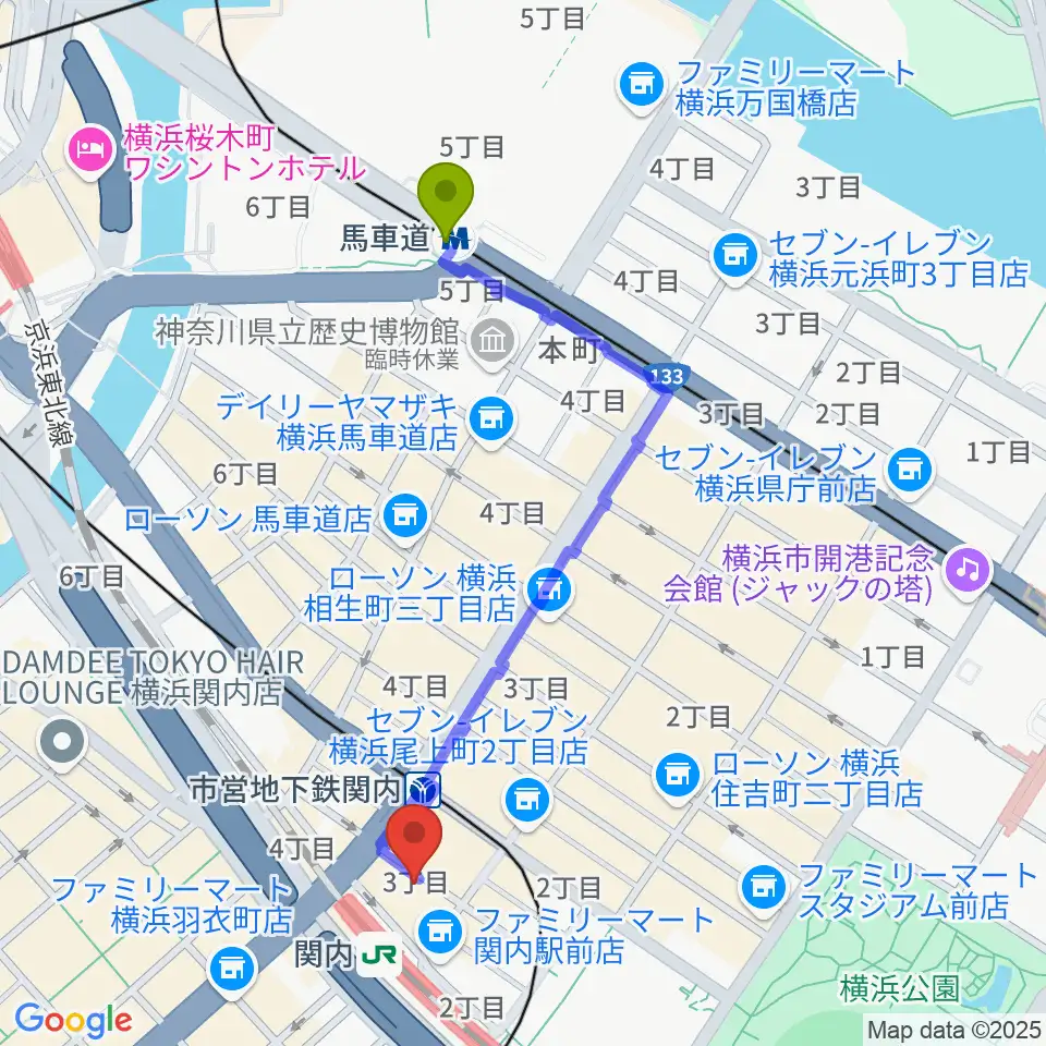 馬車道駅から関内ヤンキースへのルートマップ地図