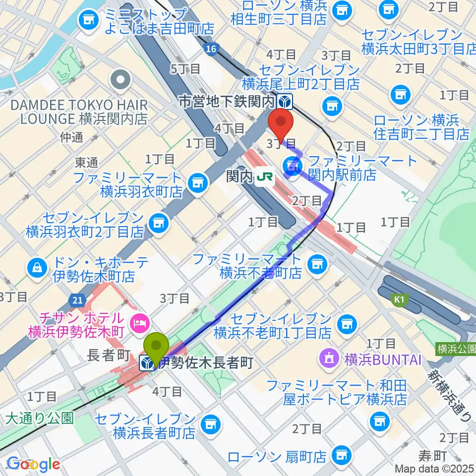 伊勢佐木長者町駅から関内ヤンキースへのルートマップ地図