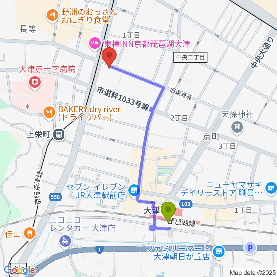 大津駅からレインボーミュージックスクールへのルートマップ地図