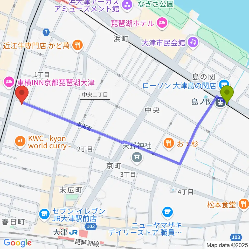 島ノ関駅からレインボーミュージックスクールへのルートマップ地図