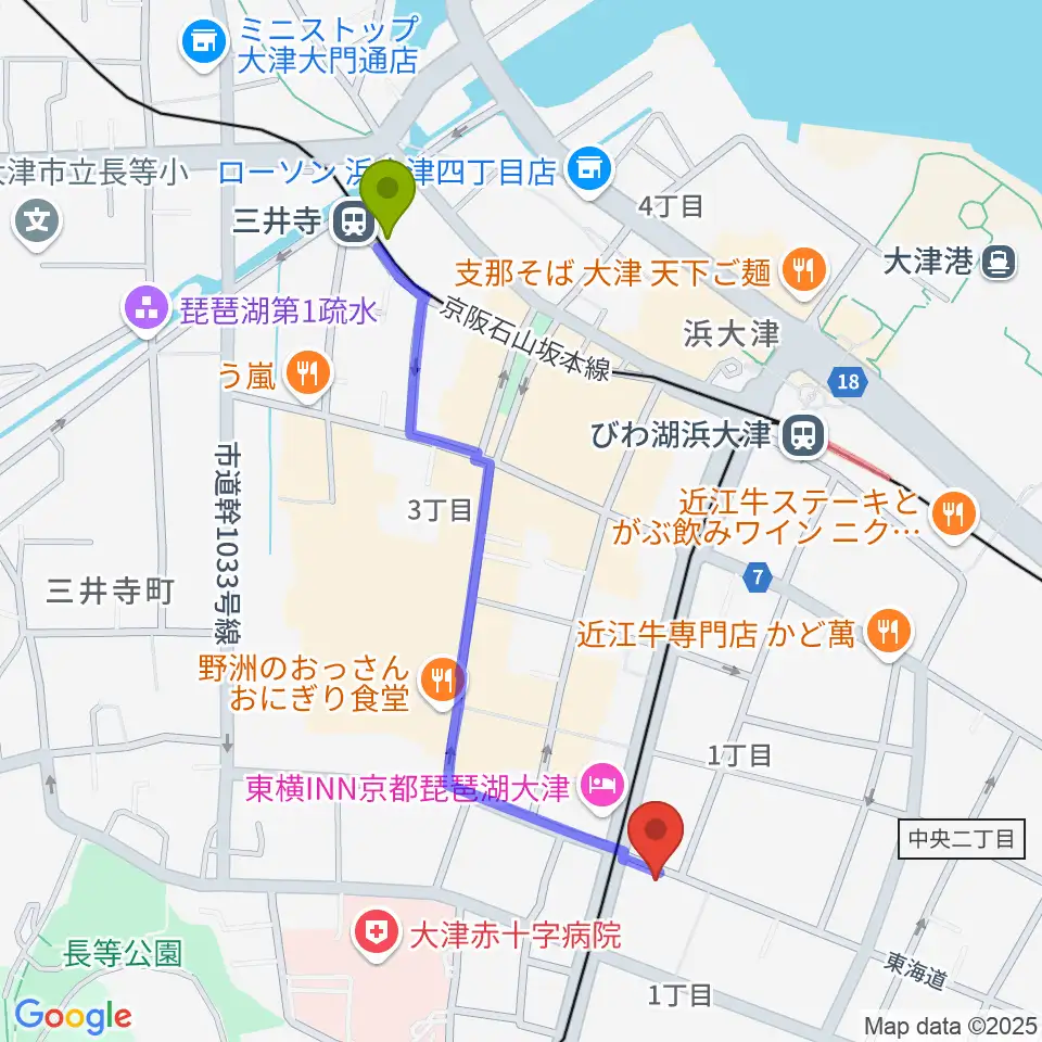 三井寺駅からレインボーミュージックスクールへのルートマップ地図