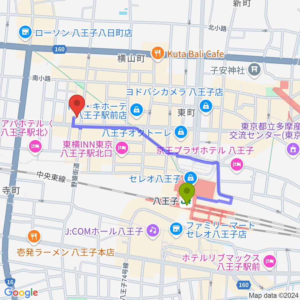 スタジオムジカの最寄駅八王子駅からの徒歩ルート（約7分）地図