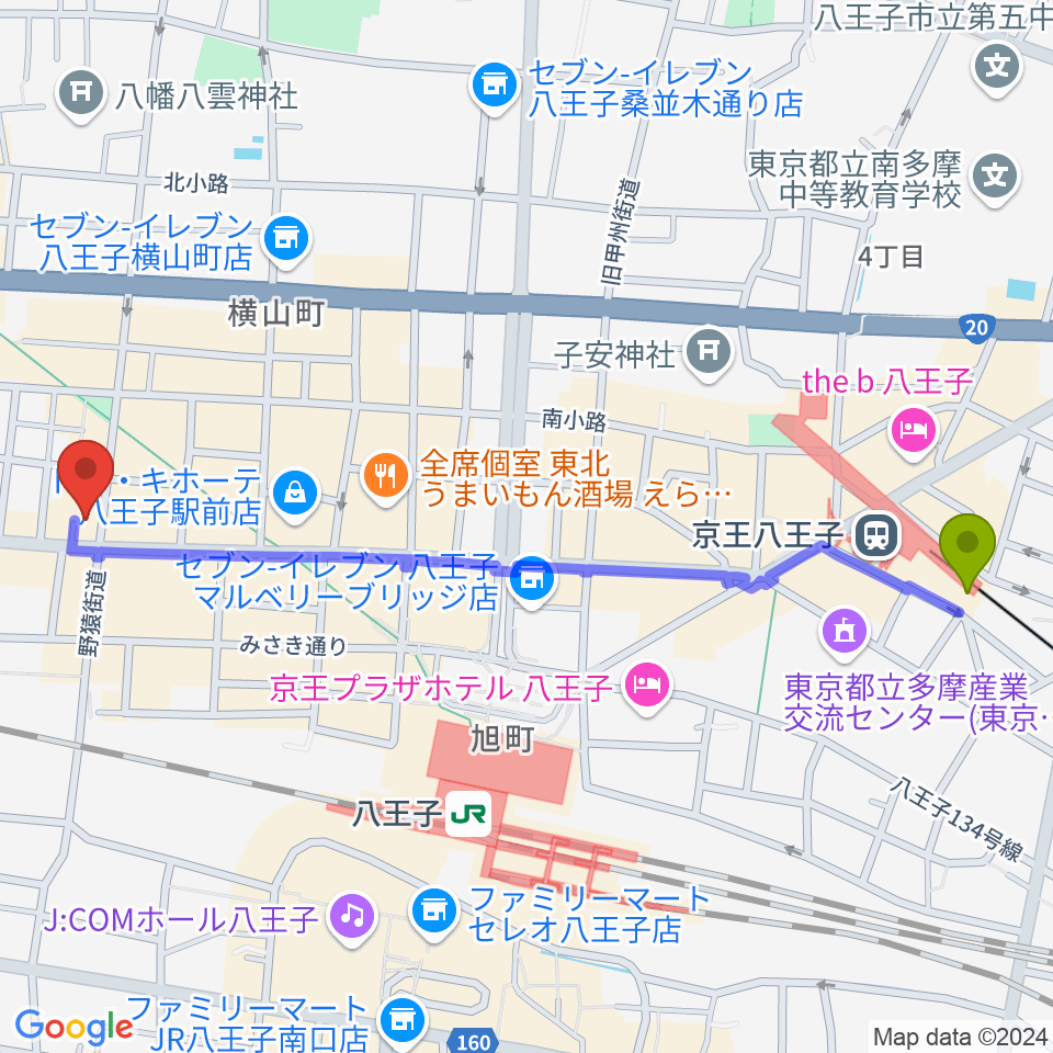 京王八王子駅からスタジオムジカへのルートマップ地図