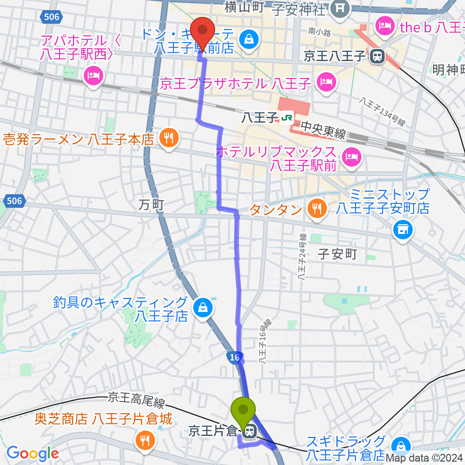 京王片倉駅からスタジオムジカへのルートマップ地図