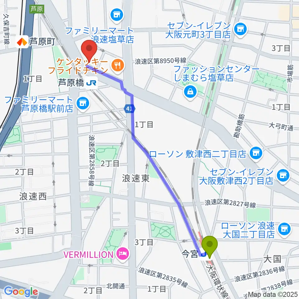 今宮駅から太鼓正へのルートマップ地図