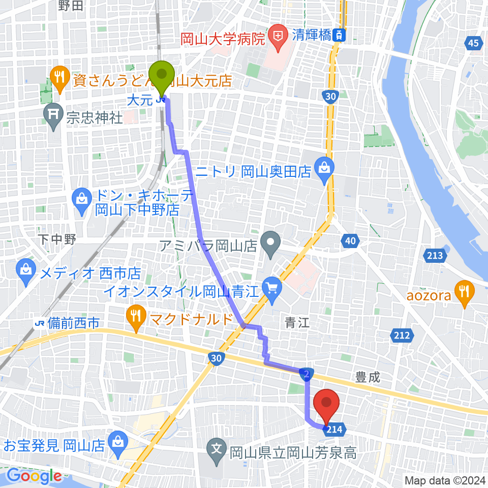 大元駅からミュージックセンター岡南 ヤマハミュージックへのルートマップ地図