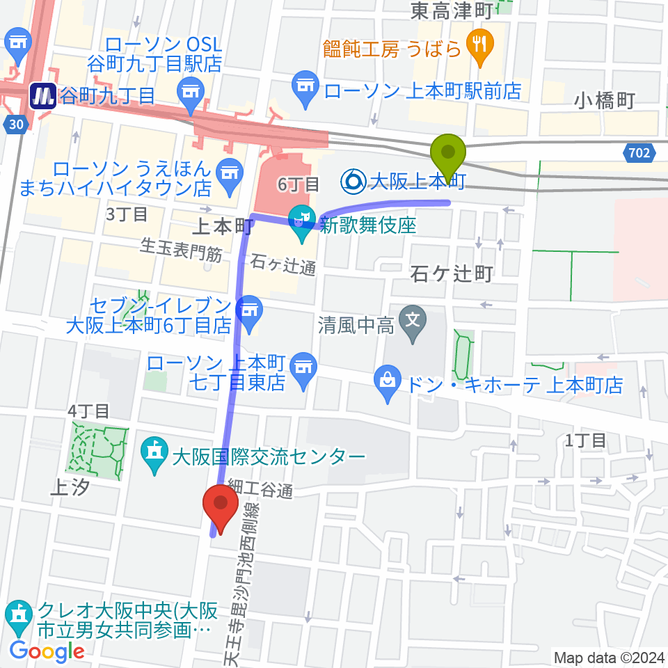 大阪上本町駅からファナ大阪へのルートマップ地図