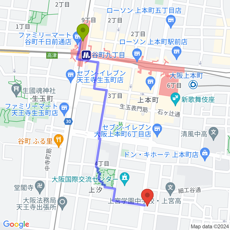 谷町九丁目駅からファナ大阪へのルートマップ地図