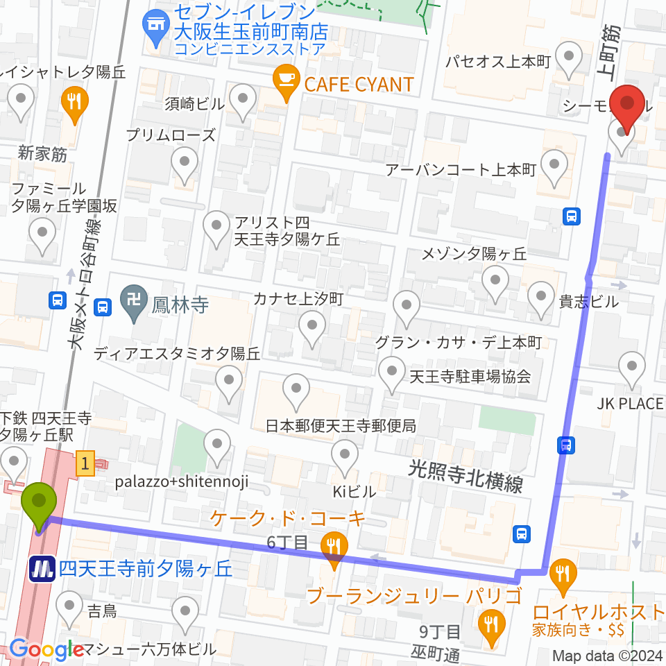 ファナ大阪の最寄駅四天王寺前夕陽ヶ丘駅からの徒歩ルート（約8分）地図