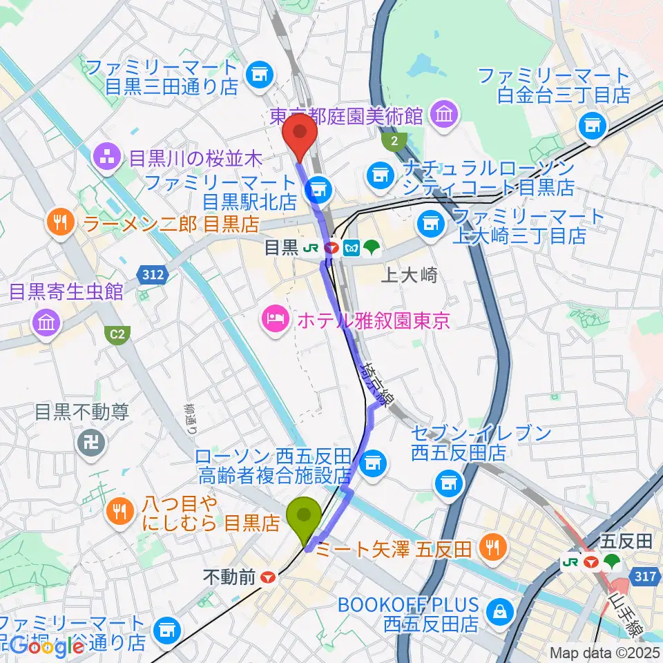 不動前駅から東京倶楽部 目黒店へのルートマップ地図