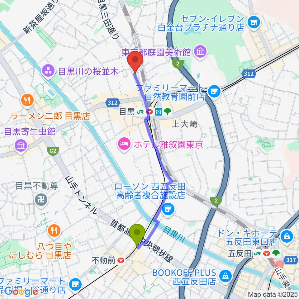不動前駅から東京倶楽部 目黒店へのルートマップ地図