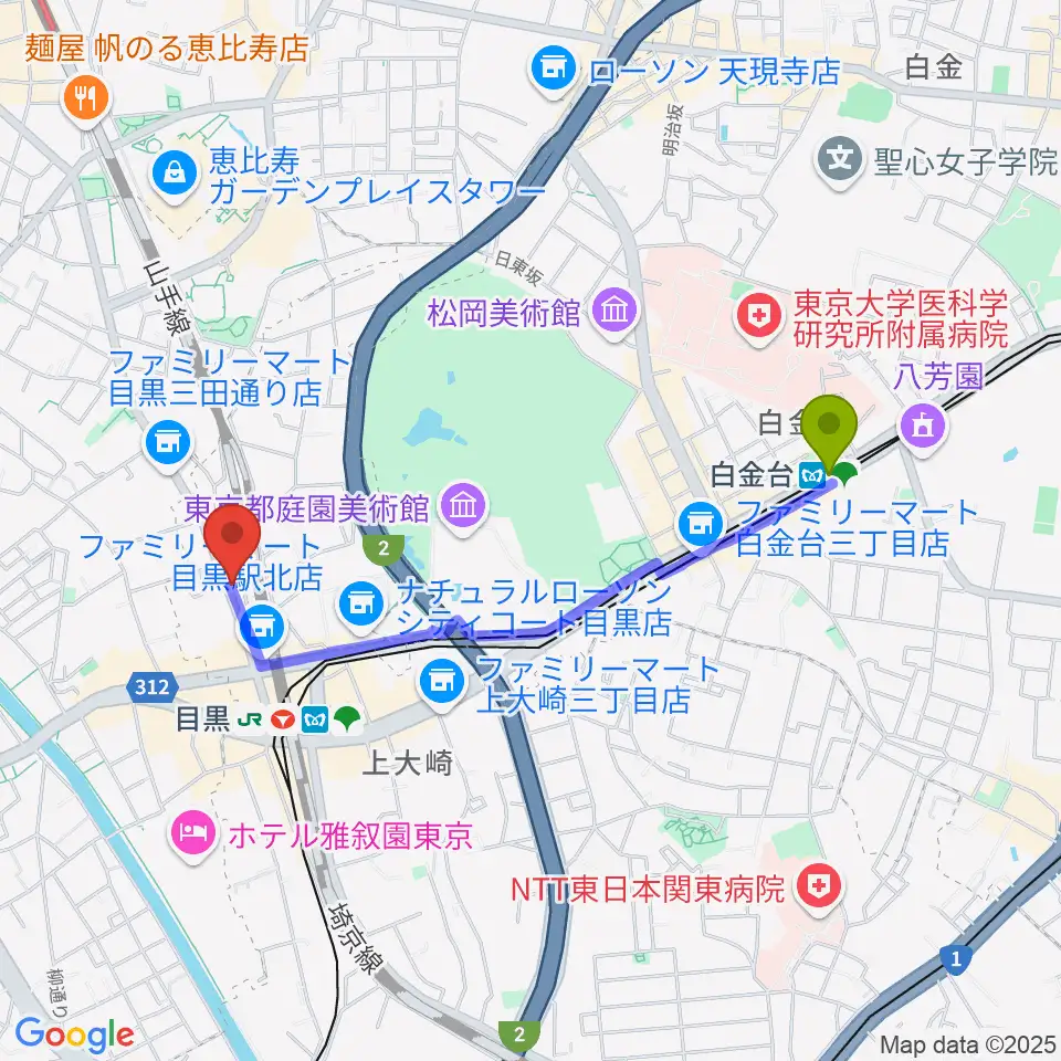 白金台駅から東京倶楽部 目黒店へのルートマップ地図