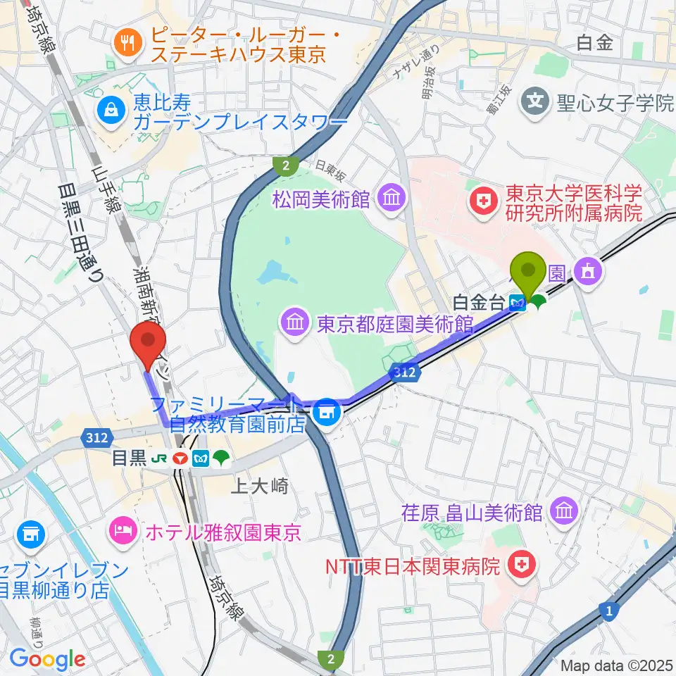 白金台駅から東京倶楽部 目黒店へのルートマップ地図