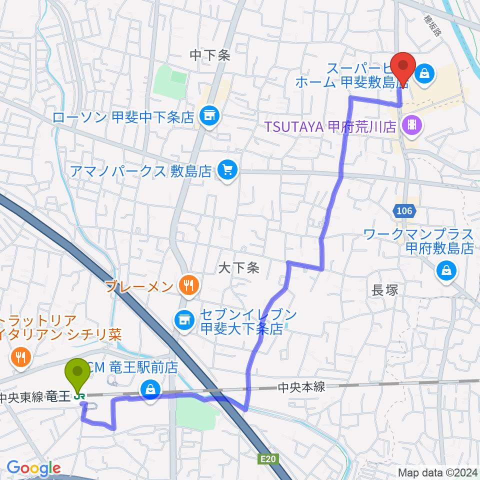 Walkin' Music Lessonの最寄駅竜王駅からの徒歩ルート（約29分）地図