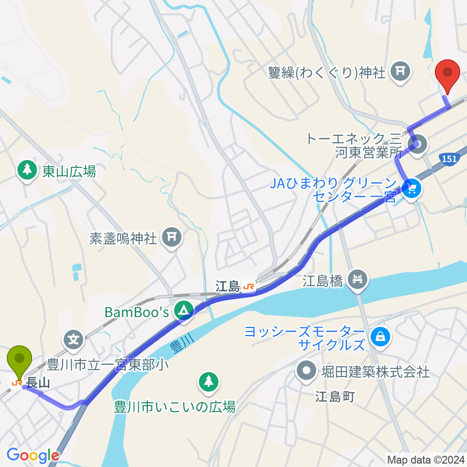 長山駅からAIピアノ教室へのルートマップ地図